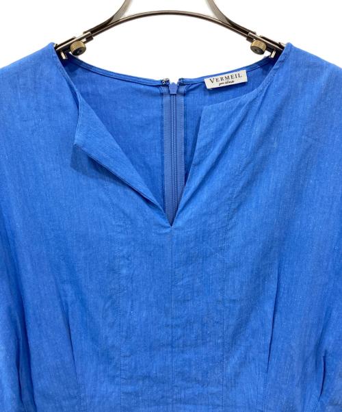 VERMEIL par iena（ヴェルメイユ パー イエナ）VERMEIL par iena (ヴェルメイユ パー イエナ) 綿麻ドットプリントウエストシェイプワンピース ブルー サイズ:38の古着・服飾アイテム