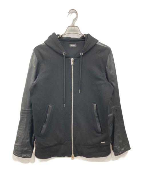DIESEL（ディーゼル）DIESEL (ディーゼル) レザー切替ジップパーカー ブラック サイズ:Sの古着・服飾アイテム