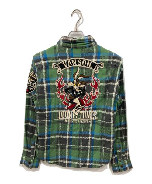 VANSON（バンソン）VANSON (バンソン) LOONEY TUNES (ルーニーチューンズ) 刺繍チェックシャツ グリーン×グレー サイズ:Sの古着・服飾アイテム