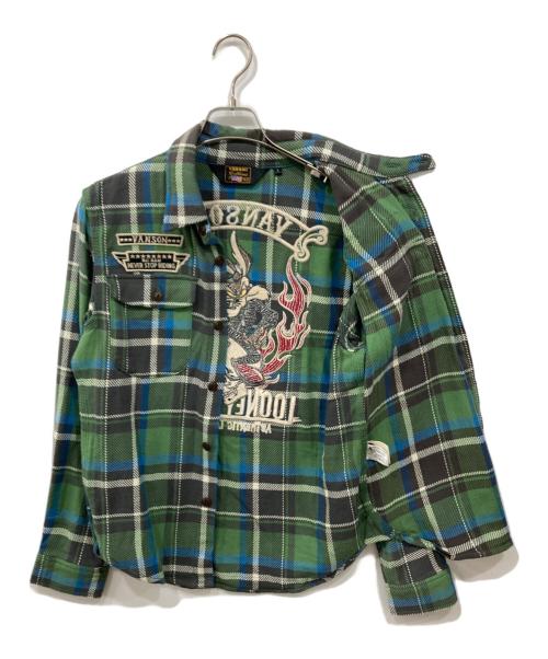 VANSON（バンソン）VANSON (バンソン) LOONEY TUNES (ルーニーチューンズ) 刺繍チェックシャツ グリーン×グレー サイズ:Sの古着・服飾アイテム