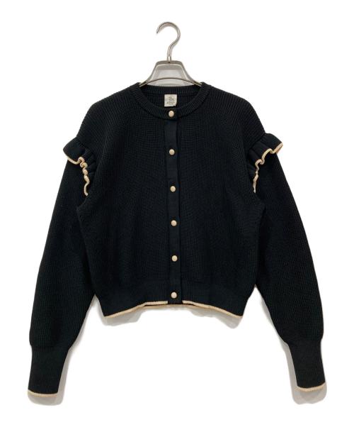 Dot and Stripes（ドットアンドストライプ）Dot and Stripes (ドットアンドストライプ) あぜ バイカラー袖フリル クルーネックカーディガン ブラック サイズ:Freeの古着・服飾アイテム