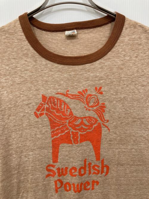Hanes（ヘインズ）Hanes (ヘインズ) リンガーTシャツ ベージュ×ブラウン サイズ:Lの古着・服飾アイテム