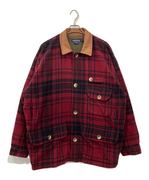 NAUTICA（ノーティカ）NAUTICA (ノーティカ) 襟レザーウールチェックジャケット レッド サイズ:Lの古着・服飾アイテム