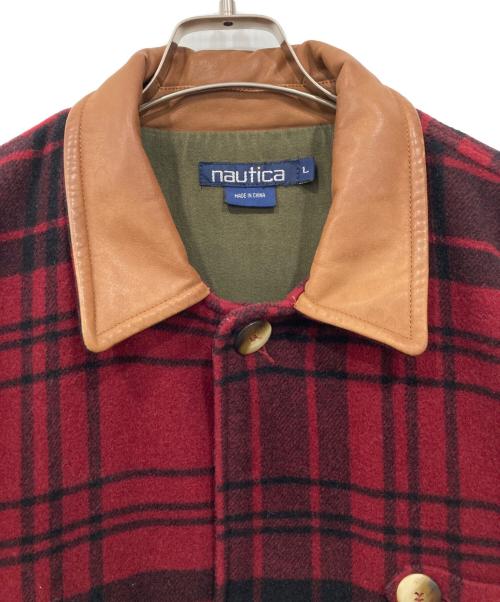 NAUTICA（ノーティカ）NAUTICA (ノーティカ) 襟レザーウールチェックジャケット レッド サイズ:Lの古着・服飾アイテム