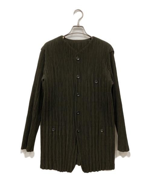 ISSEY MIYAKE（イッセイミヤケ）ISSEY MIYAKE (イッセイミヤケ) ノーカラープリーツジャケット ブラウン サイズ:Mの古着・服飾アイテム