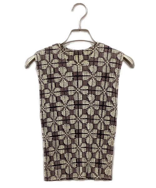 PLEATS PLEASE（プリーツプリーズ）PLEATS PLEASE (プリーツプリーズ) ノースリープリーツブブラウス ブラウン×アイボリー サイズ:3の古着・服飾アイテム