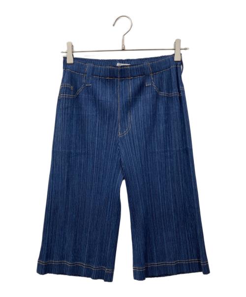 PLEATS PLEASE（プリーツプリーズ）PLEATS PLEASE (プリーツプリーズ) デニム転写 プリーツハーフパンツ ブルー サイズ:5の古着・服飾アイテム