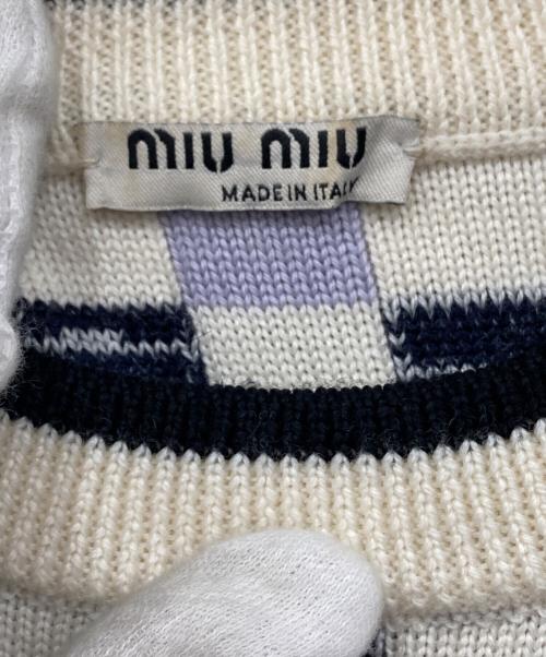 MIU MIU（ミュウミュウ）MIU MIU (ミュウミュウ) ダミエ柄ニットワンピース パープル×アイボリー サイズ:38の古着・服飾アイテム
