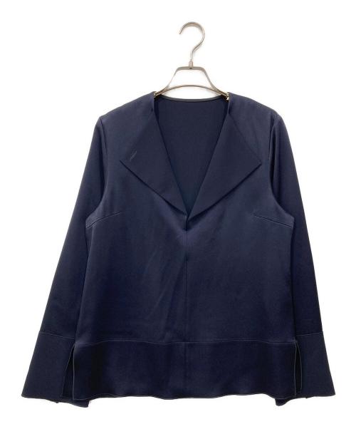 DES PRES（デ プレ）DES PRES (デ プレ) サテンジョーゼット オープンカラーブラウス ネイビー サイズ:Freeの古着・服飾アイテム