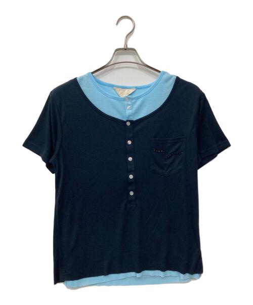 Abuku（アブク）Abuku (アブク) 2レイヤードヘンリーライトストーンT ネイビー×ブルー サイズ:Mの古着・服飾アイテム