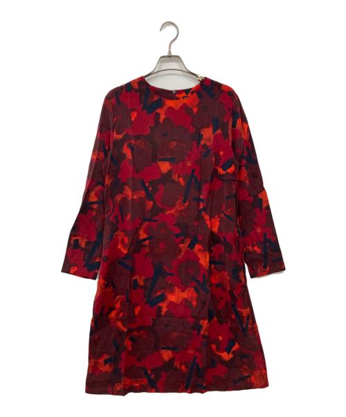 marimekko（マリメッコ）marimekko (マリメッコ) ターシャ シルクドレス レッド×ブラック サイズ:38の古着・服飾アイテム