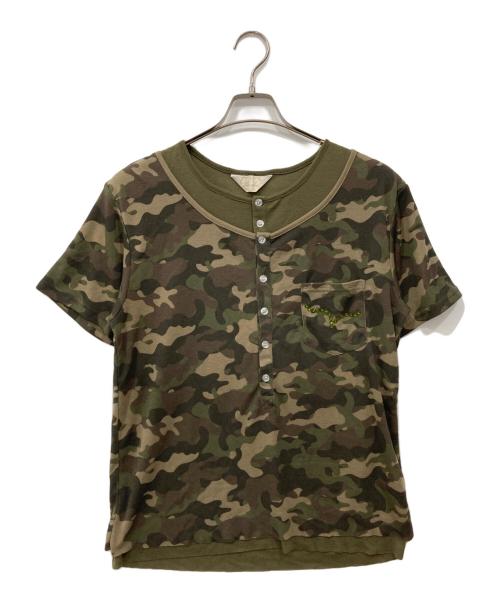 Abuku（アブク）Abuku (アブク) 2レイヤードヘンリーラインストーンT カーキ サイズ:Lの古着・服飾アイテム