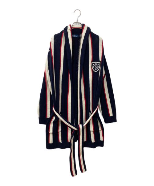 POLO RALPH LAUREN（ポロ・ラルフローレン）POLO RALPH LAUREN (ポロ・ラルフローレン) ストライプリネンブレンドラップカーディガン ネイビー サイズ:Mの古着・服飾アイテム