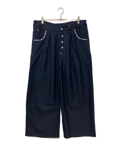 Abuku（アブク）Abuku (アブク) パールスタッズワイドタックヘリンボーンスラックス ネイビー サイズ:Lの古着・服飾アイテム