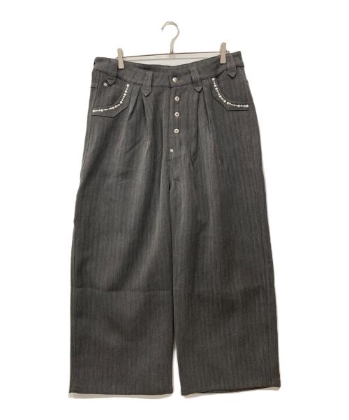 Abuku（アブク）Abuku (アブク) パールスタッズワイドタックヘリンボーンスラックス グレー サイズ:Lの古着・服飾アイテム