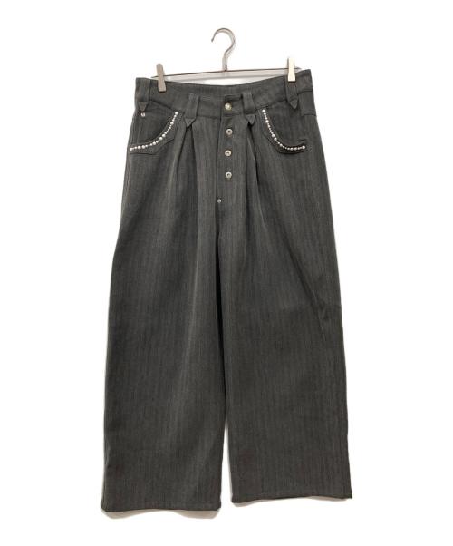 Abuku（アブク）Abuku (アブク) パールスタッズワイドタックヘリンボーンスラックス グレー サイズ:Mの古着・服飾アイテム