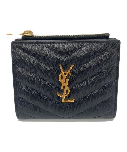 Saint Laurent Paris（サンローランパリ）Saint Laurent Paris (サンローランパリ) モノグラム バイフォールドウォレット　グレイン・ド・プードル エンボスレザー　コンパクトウォレット ブラックの古着・服飾アイテム