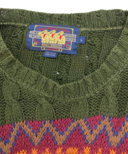 CHAPS RALPH LAUREN（チャップス ラルフローレン）CHAPS RALPH LAUREN (チャップス ラルフローレン) 総柄ニット　ネイティブ柄ニット　マルチカラークルーネックニット カーキ サイズ:Lの古着・服飾アイテム