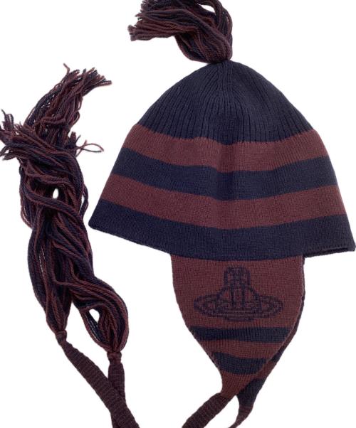 Vivienne Westwood（ヴィヴィアンウエストウッド）Vivienne Westwood (ヴィヴィアンウエストウッド) ORB　オーブ フラップ付ワッチ ニット キャップ ネイビーの古着・服飾アイテム