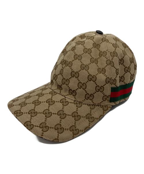 GUCCI（グッチ）GUCCI (グッチ) ウェブ ストライプ付き GGキャンバス ベースボールキャップ ブラウン サイズ:Mの古着・服飾アイテム