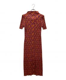 PLEATS PLEASE（プリーツプリーズ）の古着「ジオメトリックプリントプリーツハイネックワンピース 幾何学柄プリーツ半袖ワンピース」｜オレンジ