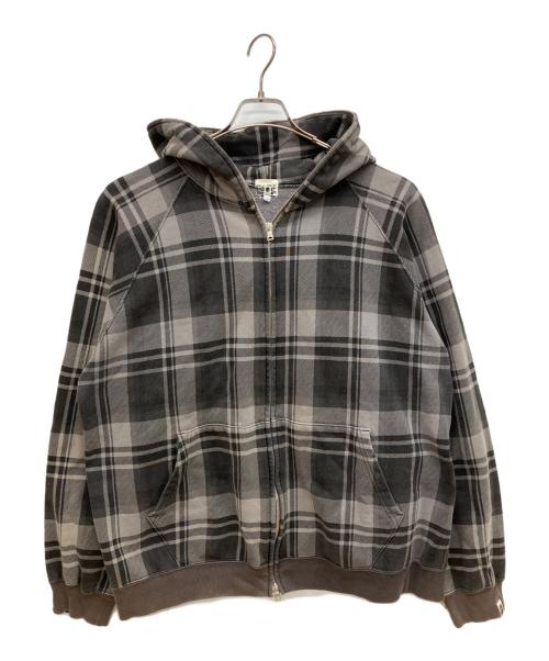 BAPE BY A BATHING APE（ベイプバイアベイシングエイプ）BAPE BY A BATHING APE (ベイプバイアベイシングエイプ) 初期タグ　エルボーパッチ付きチェック柄ラグランフルジップパーカー ブラック サイズ:Lの古着・服飾アイテム