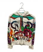 Ed Hardyエド ハーディー）の古着「TRUE LOVEジップパーカー　総柄ジップパーカー　刺繍入りパーカー」｜ホワイト