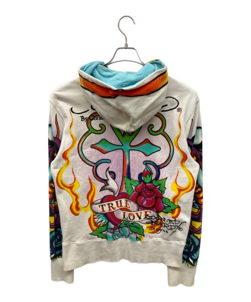 Ed Hardy（エド ハーディー）Ed Hardy (エド ハーディー) TRUE LOVEジップパーカー　総柄ジップパーカー　刺繍入りパーカー ホワイト サイズ:Mの古着・服飾アイテム