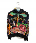 Ed Hardyエド ハーディー）の古着「タトゥー風ジップパーカー　総柄ジップパーカー」｜ブラック
