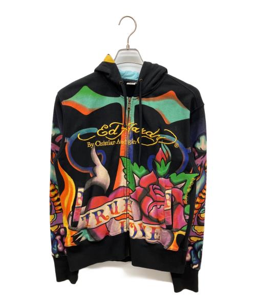 Ed Hardy（エド ハーディー）Ed Hardy (エド ハーディー) タトゥー風ジップパーカー　総柄ジップパーカー ブラック サイズ:Ｓの古着・服飾アイテム