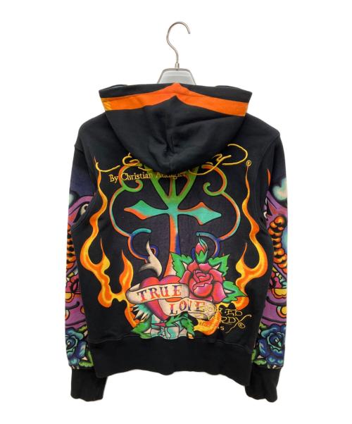 Ed Hardy（エド ハーディー）Ed Hardy (エド ハーディー) タトゥー風ジップパーカー　総柄ジップパーカー ブラック サイズ:Ｓの古着・服飾アイテム