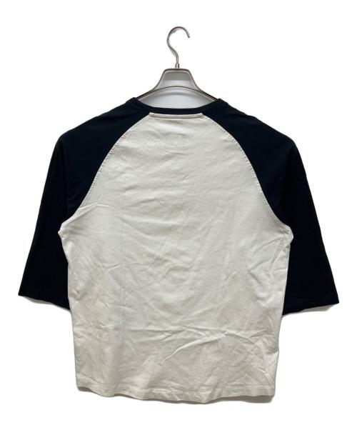 stussy（ステューシー）stussy (ステューシー) Champion (チャンピオン) ラグランカットソー　7分袖カットソー　ロゴプリントTシャツ ホワイト×ブラック サイズ:XLの古着・服飾アイテム