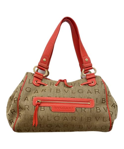 BVLGARI（ブルガリ）BVLGARI (ブルガリ) ロゴマニアハンドバッグ レッド×ベージュの古着・服飾アイテム