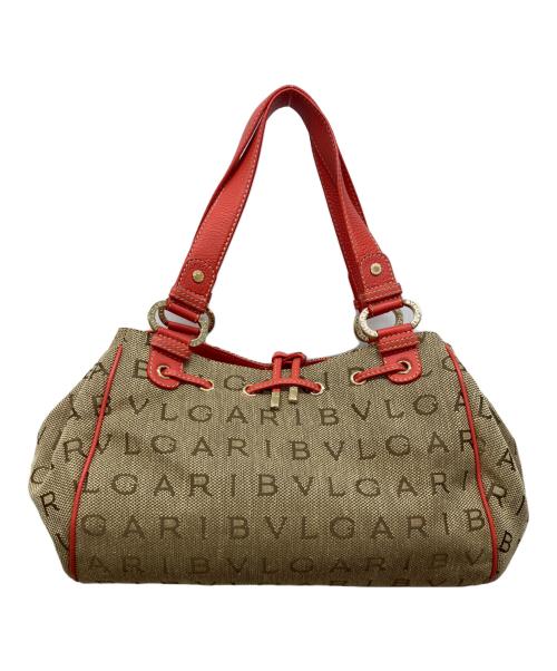 BVLGARI（ブルガリ）BVLGARI (ブルガリ) ロゴマニアハンドバッグ レッド×ベージュの古着・服飾アイテム