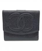 CHANELシャネル）の古着「ココマークWホック財布　キャビアスキン　3つ折り財布」｜ブラック