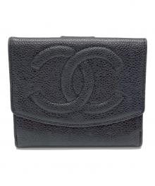 CHANEL（シャネル）の古着「ココマークWホック財布　キャビアスキン　3つ折り財布」｜ブラック