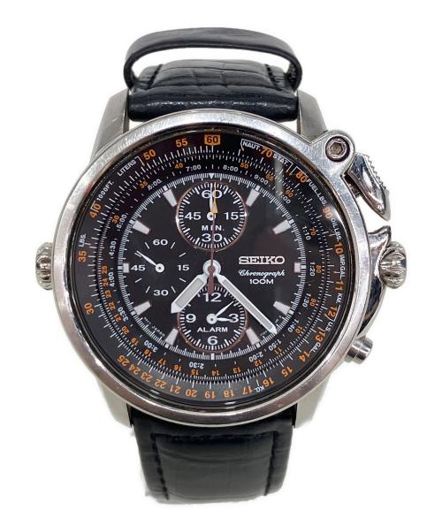 SEIKO（セイコー）SEIKO (セイコー) パイロット アラーム クロノグラフ　	クォーツ　レザーベルト　腕時計 ブラックの古着・服飾アイテム