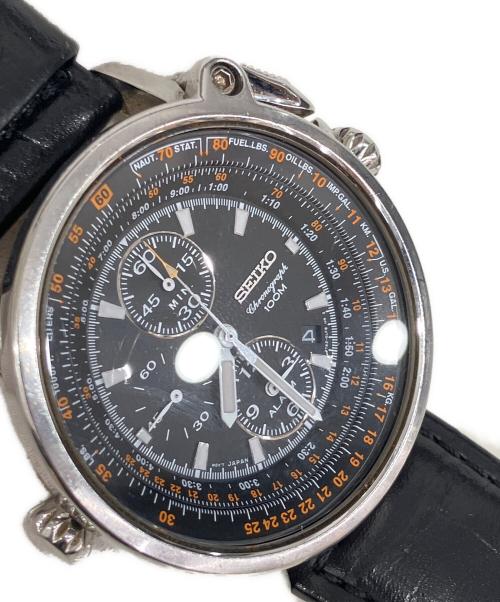 SEIKO（セイコー）SEIKO (セイコー) パイロット アラーム クロノグラフ　	クォーツ　レザーベルト　腕時計 ブラックの古着・服飾アイテム