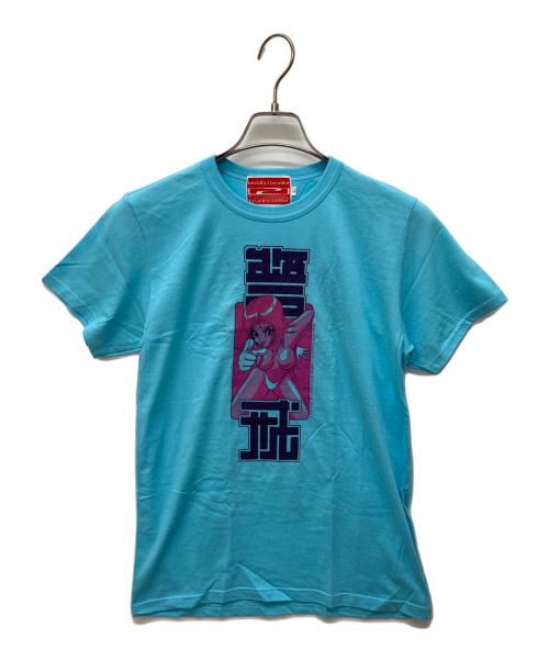 beauty:beast（ビューティービースト）beauty:beast (ビューティービースト) COSPA (コスパ) 警戒プリントTシャツ　コラボ ブルー サイズ:Ｌの古着・服飾アイテム