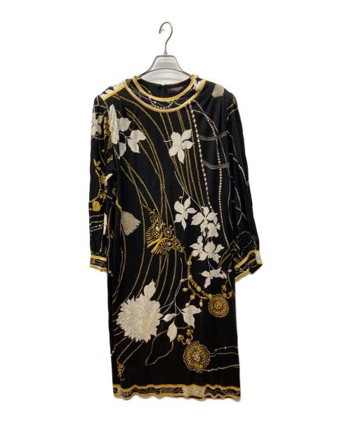 LEONARD FASHION（レオナールファッション）LEONARD FASHION (レオナールファッション) ウール×シルク総柄ワンピースセットアップ ブラック サイズ:11/LLの古着・服飾アイテム