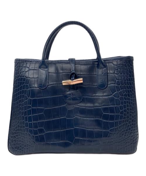 LONGCHAMP（ロンシャン）LONGCHAMP (ロンシャン) 型押しトート ハンドバッグ ネイビーの古着・服飾アイテム