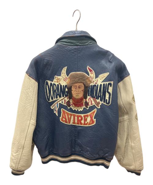 AVIREX（アヴィレックス）AVIREX (アヴィレックス) インディアンワッペン レザースタジャン ネイビー×ホワイト サイズ:Lの古着・服飾アイテム