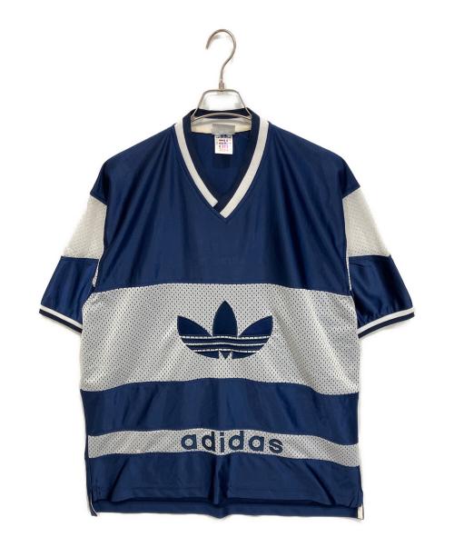 adidas（アディダス）adidas (アディダス) 90S トレフォイルロゴ ゲームシャツ ホワイト×ネイビー サイズ:Lの古着・服飾アイテム