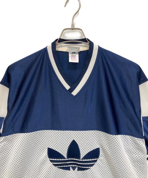 adidas（アディダス）adidas (アディダス) 90S トレフォイルロゴ ゲームシャツ ホワイト×ネイビー サイズ:Lの古着・服飾アイテム