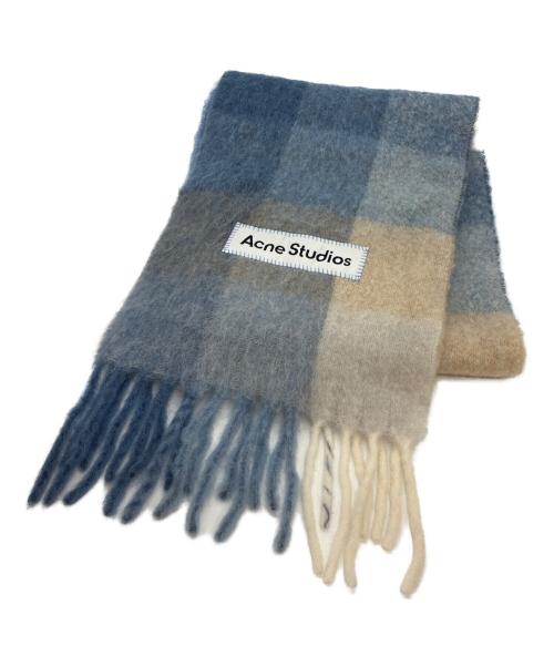 Acne studios（アクネ ストゥディオズ）Acne studios (アクネ ストゥディオズ) チェック ウールモヘア フリンジスカーフ 大判ストール ベージュ×ブルーの古着・服飾アイテム