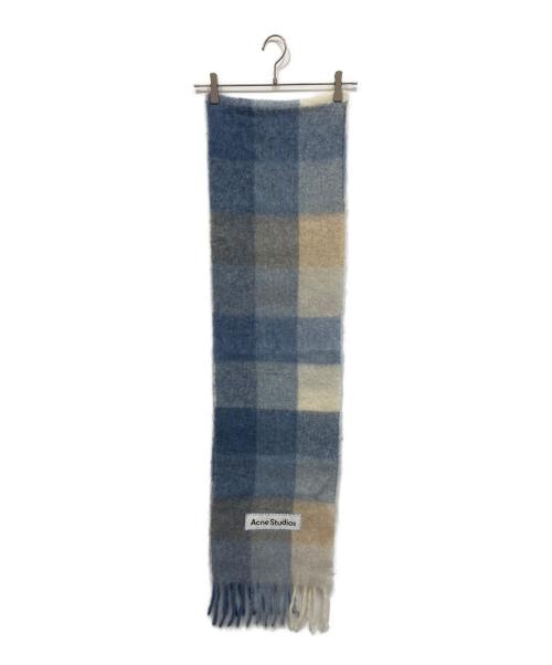 Acne studios（アクネ ストゥディオズ）Acne studios (アクネ ストゥディオズ) チェック ウールモヘア フリンジスカーフ 大判ストール ベージュ×ブルーの古着・服飾アイテム