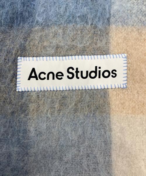 Acne studios（アクネ ストゥディオズ）Acne studios (アクネ ストゥディオズ) チェック ウールモヘア フリンジスカーフ 大判ストール ベージュ×ブルーの古着・服飾アイテム