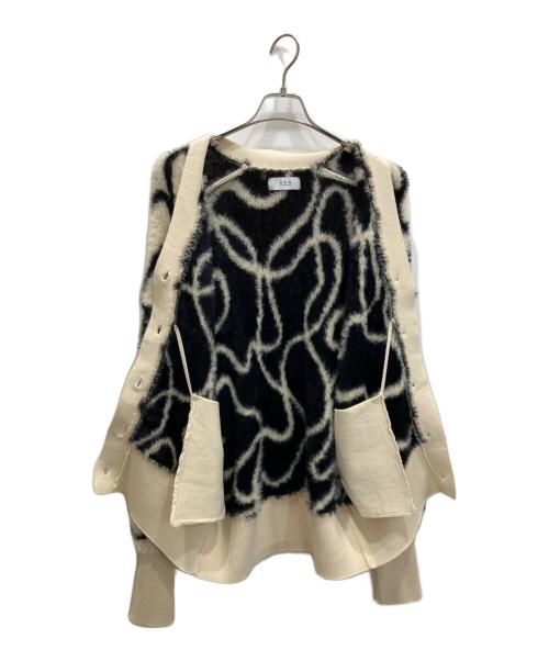 Adam et Rope（アダム エ ロペ）Adam et Rope (アダム エ ロペ) フェザーヤーンニットカーディガン ベージュ×ブラック サイズ:Fの古着・服飾アイテム