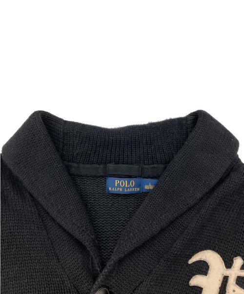 POLO RALPH LAUREN（ポロ・ラルフローレン）POLO RALPH LAUREN (ポロ・ラルフローレン) エルボーパッチ レタード ニットカーディガン ブラック サイズ:Lの古着・服飾アイテム