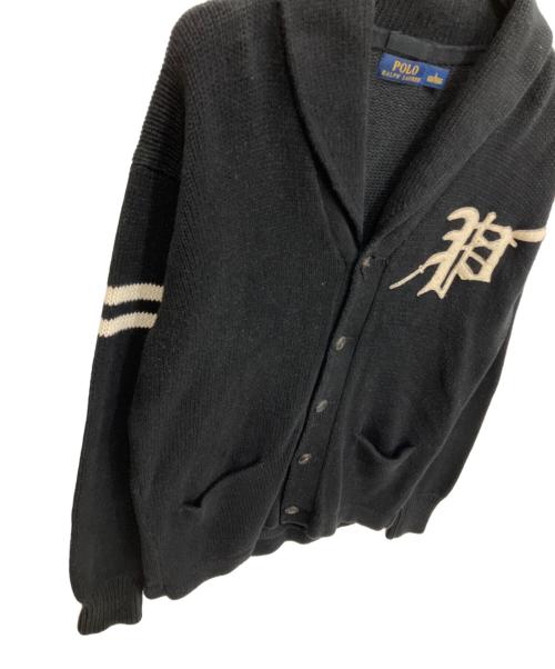 POLO RALPH LAUREN（ポロ・ラルフローレン）POLO RALPH LAUREN (ポロ・ラルフローレン) エルボーパッチ レタード ニットカーディガン ブラック サイズ:Lの古着・服飾アイテム